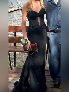 Joseph Ribkoff Black Sparkle Prom Gown with Front Slit ( buy at 1ère avenue )
